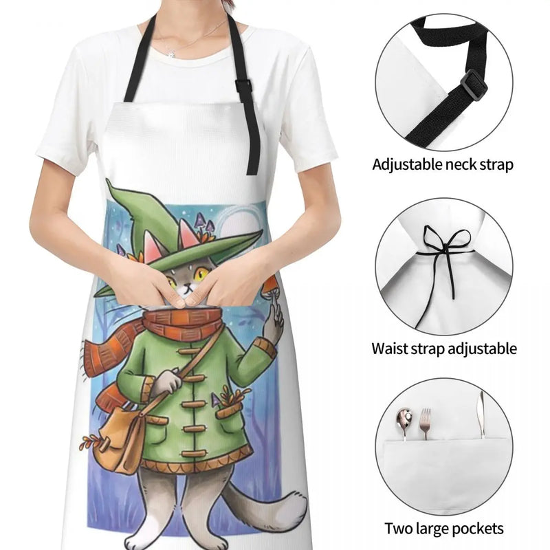 Witchy Kitty Explorer Waterproof Kitchen Apron For Women/Men With Pockets Work Restaurant Shop Waiter Work Uniform