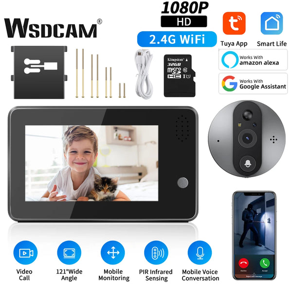 WSDCAM Wifi Peephole Camera Two-way Audio Door Bell Motion Detection Record Tuya Smart Video Doorbell Night Vision Home Security