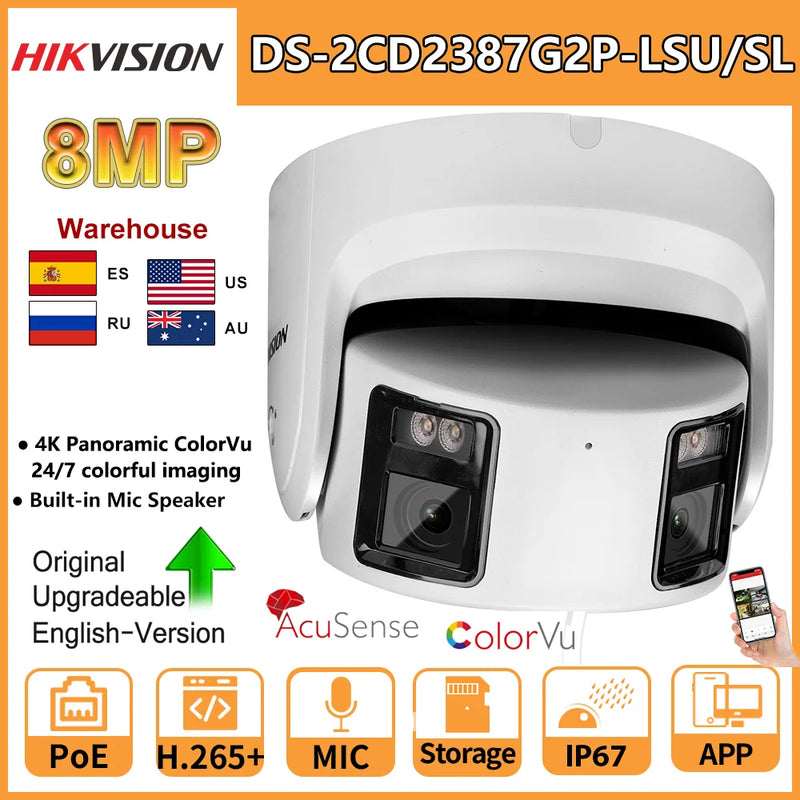 Hikvision 8MP Panoramic ColorVu Turret IP Camera DS-2CD2387G2P-LSU/SL 4K Security Double Lens Color Night Built-in Mic Speaker