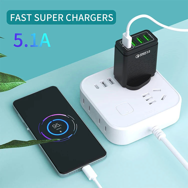 US/EU/UK 4 Port Mobile Phone USB Wall Charger Fast Charging Adapter 4 in 1 QC3.0 Fast Charger for IPhone Cell Phone