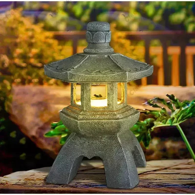 Pagoda Statues Outdoor Solar Powered Statue Japanese Garden Decor Outdoor Zen Garden Lantern Flickering LED Garden Light