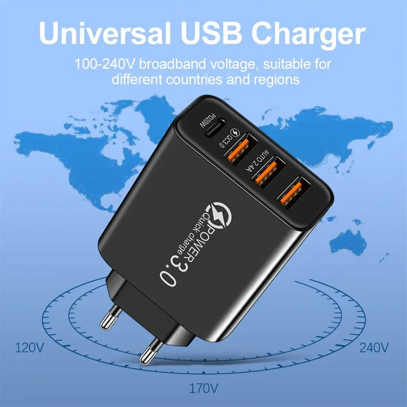 20W Type C USB Quick Charger 4 Ports 3.0 PD Cell Mobile Phone Power FAST Adapter For iPhone Samsung Xiaomi White