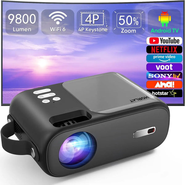 HORLAT Mini Beamer Projector Android TV 9800Lumens Full HD Portable Pocket Proyector Mini Beamer 5G Dual WiFi Home Video Theater