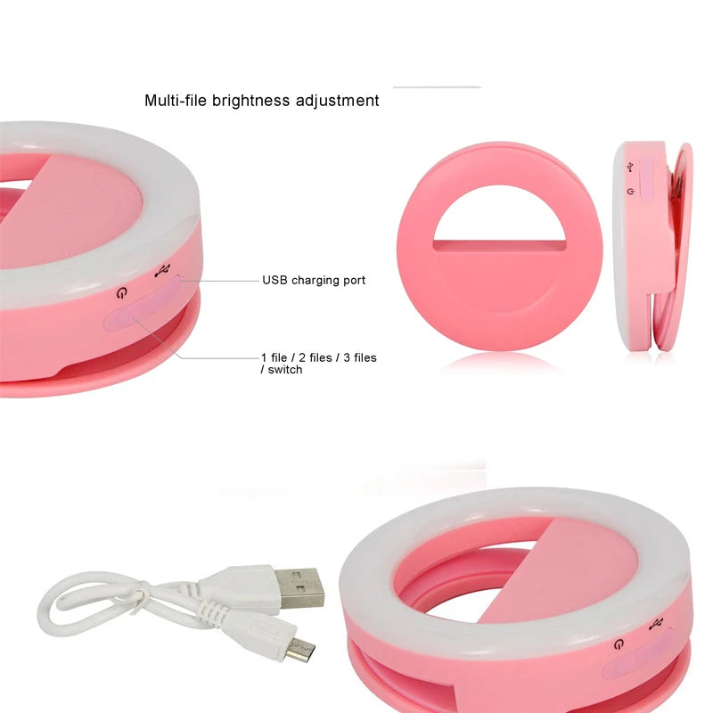 FGCLSY New Ring LED Flash USB Rechargeable Selfie Fill Light Mobile Universal Portable Ring Clip Works with All Smartphones