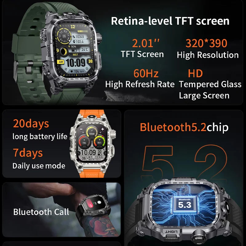 2024 Outdoor Military Men's smartwatch Bluetooth Talk Exercise Heart rate Monitor IP68 Waterproof smartwatch For Android IOS+box