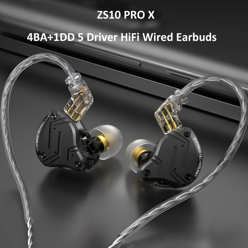 KZ ZS10 Pro X HIFI Bass Metal Hybrid in Ear Earphone 4BA+1DD 5 Driver Sport Noise Cancelling IEM Wired Earbuds Gaming Earbuds