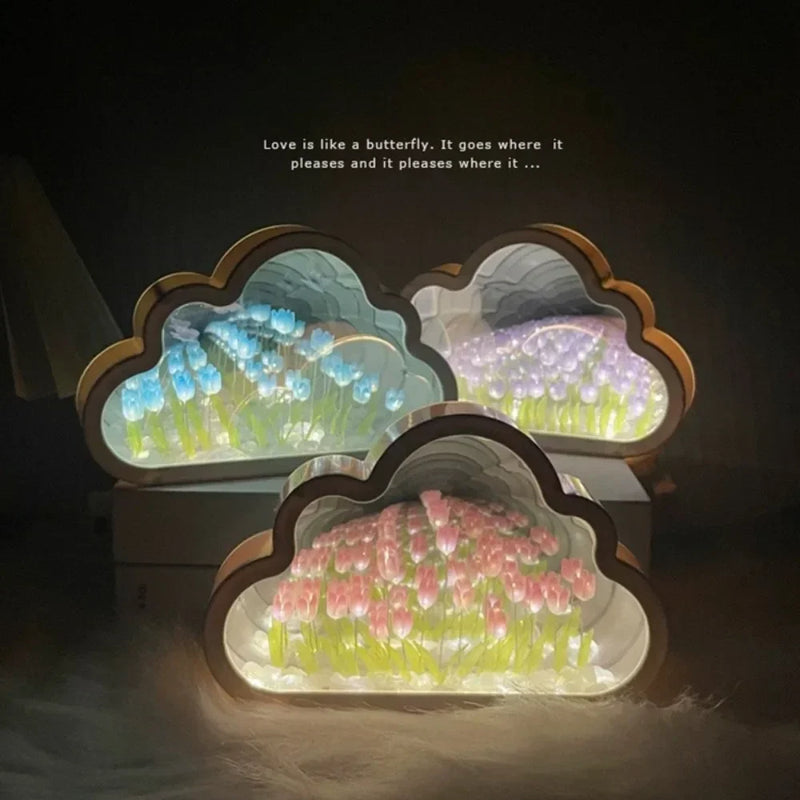 Handmade DIY Tulip Cloud Flower Sea Night Light Atmosphere Light Mirror Light Transparent Mirror Valentine's Day New Year Gift