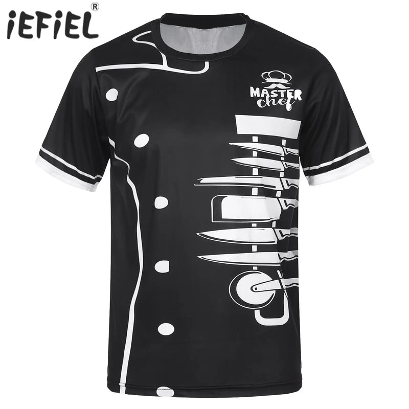 Mens Food Service Workwear Costume  Print Chef Shirt Hotel Restaurant Kitchen Tops Casual Round Neck Short Sleeve T-shirt Tops