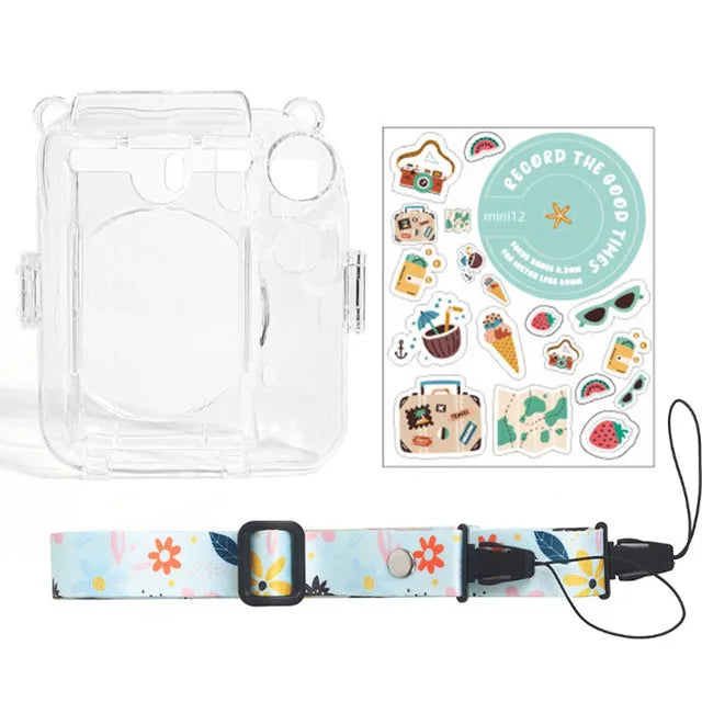 For Fujifilm Instax Mini 12 PC Transparent Camera Case Protection Cover Shoulder Strap Storage Bag Strap Sticker Three-Piece Set