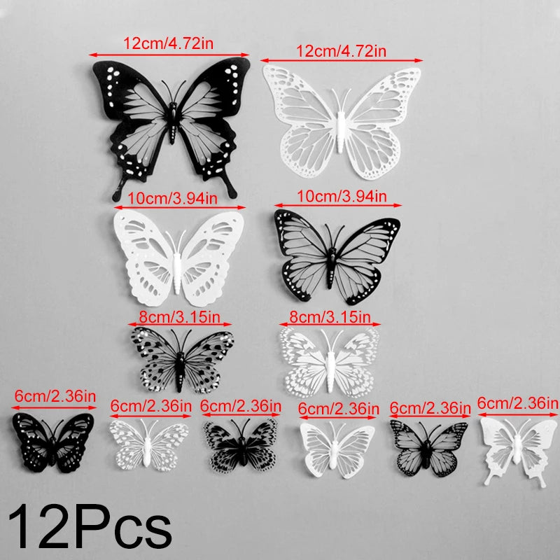 12pcs 3D Butterfly Wall Stickers Black White Color Wallpaper Butterfly Insert Rod Bedroom Home Wedding Decor bouquetSupply