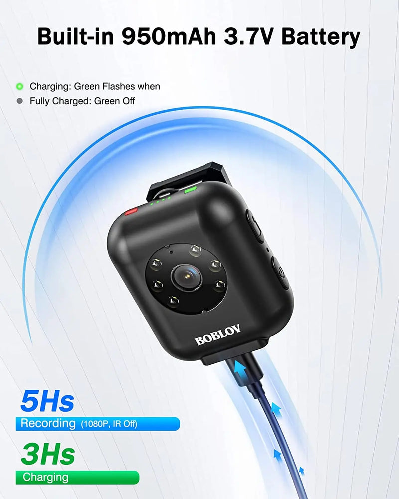 BOBLOV W4 Body Worn Camera 64GB 1080P Video Camera 950mAh Battery 5hours Video Shooting Mini Sport Camera with Head strap Layard