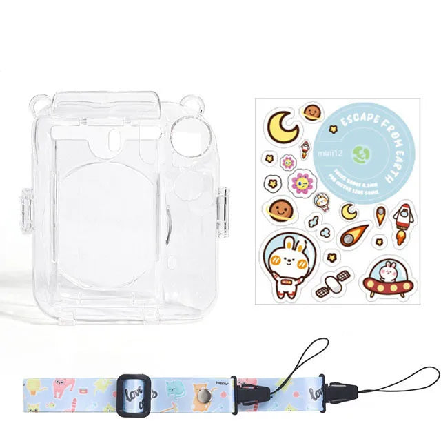 For Fujifilm Instax Mini 12 PC Transparent Camera Case Protection Cover Shoulder Strap Storage Bag Strap Sticker Three-Piece Set