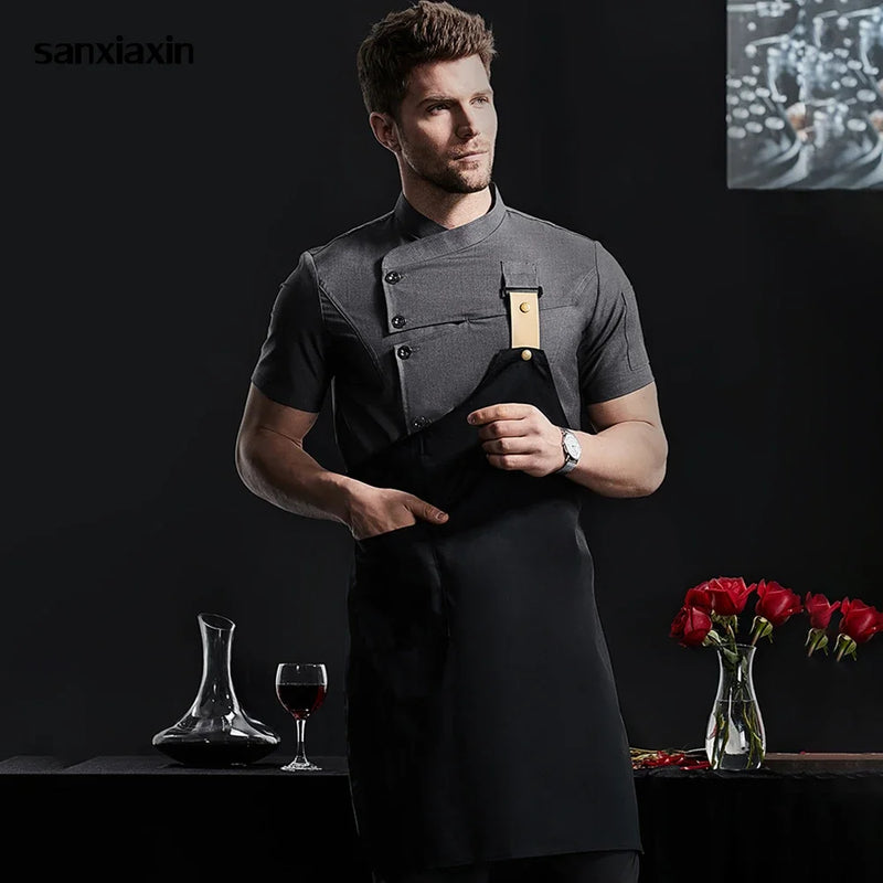 Men Women Chef Jacket Cooking Shirt Apparel Short Sleeve Tops Apron Waiter Waitress Workwear Chef Clothes Cafe Catering Uniform