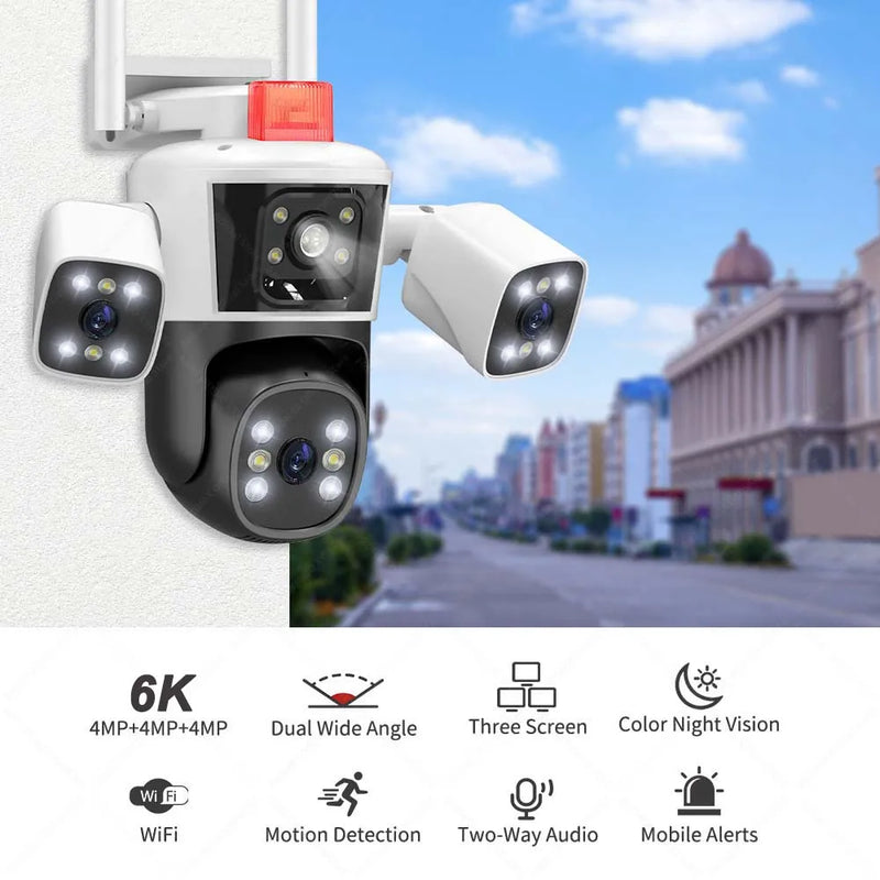 6K 12MP WiFi IP Camera Outdoor Three lens Panoramic View PTZ IP Camera AI Tracking Security Protection CCTV Video Surveillance