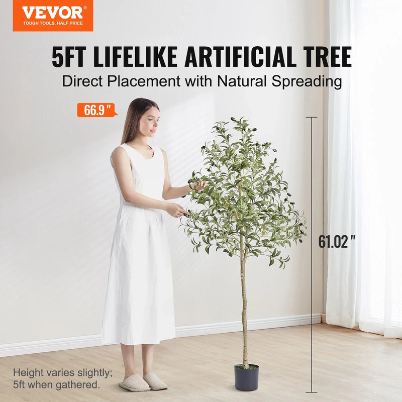 VEVOR Artificial Olive Tree 4/5/6 FT Tall Faux Plant Secure PE Material & Anti-Tip Tilt Protection Low-Maintenance Tree for Home