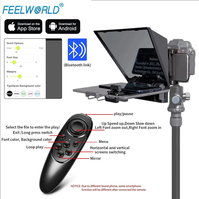 FEELWORLD TP2A 8-inch Portable Teleprompter Supports up to 8" Smartphone/DSLR Shooting with Bluetooth Control Lens Adapter Rings