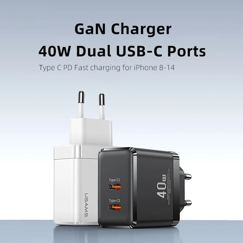 USAMS 40W GaN USB Charger Dual Type C PD Fast Charging Phone Charger QC3.0 PPS Quick Charge for iPhone 14 13 12 Pro Max Tablet