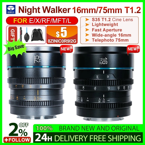 NEW ARRIVAL SIRUI Night Walker 16mm T1.2 75mm T1.2 S35 Cine Lens APS-C Large Aperture Lens for Sony E for Canon RF Fuji X L M4/3