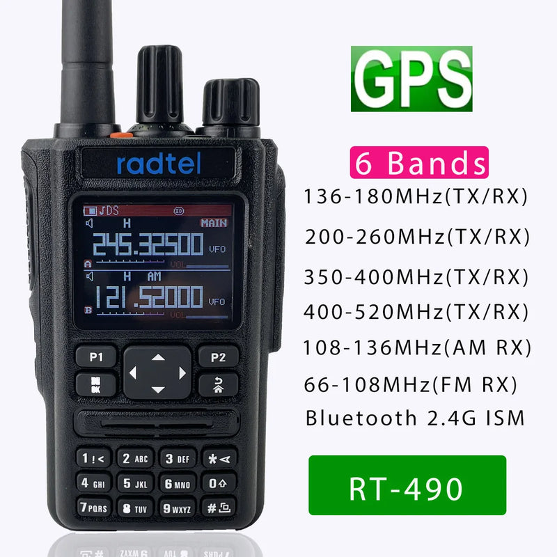 Radtel RT-490 GPS Blutooth APP Amateur Ham Two Way Radio 256CH Air Band Walkie Talkie USB-C VOX SOS LCD Police Scanner Aviation