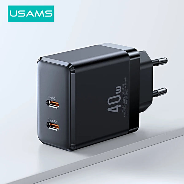 USAMS 40W GaN USB Charger Dual Type C PD Fast Charging Phone Charger QC3.0 PPS Quick Charge for iPhone 14 13 12 Pro Max Tablet