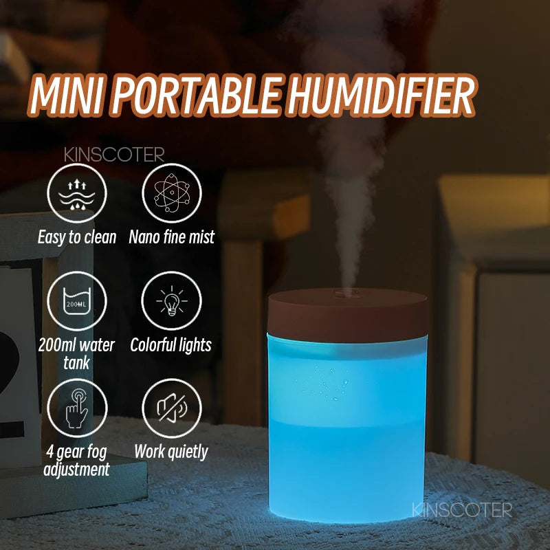 Silent Mini Humidifier 200ml USB Air Humidifier Car Mist Diffuser Water Sprayer with Color LED Night Light for Office Bedroom