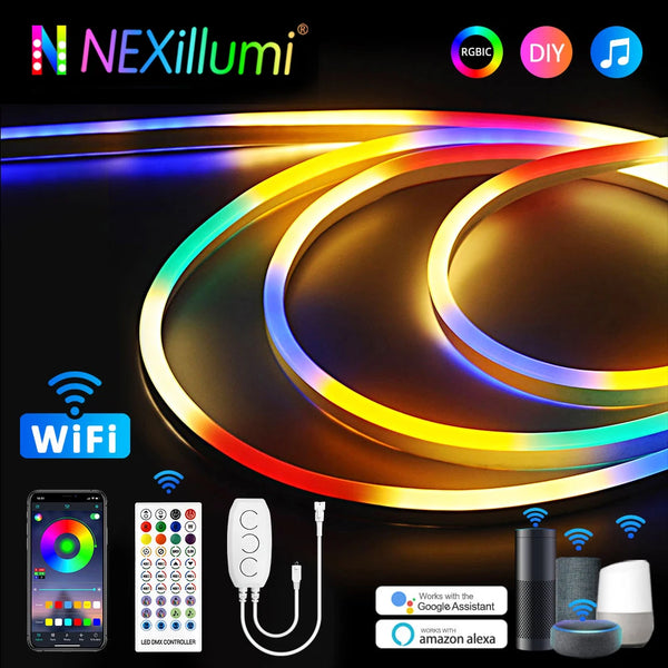 TUYA WiFi Neon RGBIC LED Addressable Lights, Smart APP Support Alexa Google, 5v/12v Music Sync Dreamcolor WS2811 DIY Strip Decor