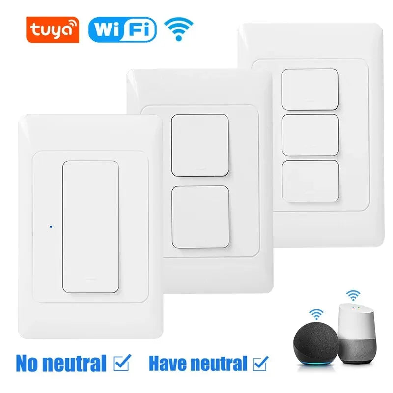 Milfra Tuya Smart WiFi Light Switch No Neutral Wire Required AU KR Brazil Wall Button Switches 1/2/3Gang AC100V-250V 50/60Hz