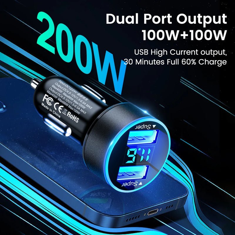 200W Car Charger Dual USB Ports Super Fast Charging with Digital Display Quick Charging Adapter For IPhone Samsung Xiaomi Huawei