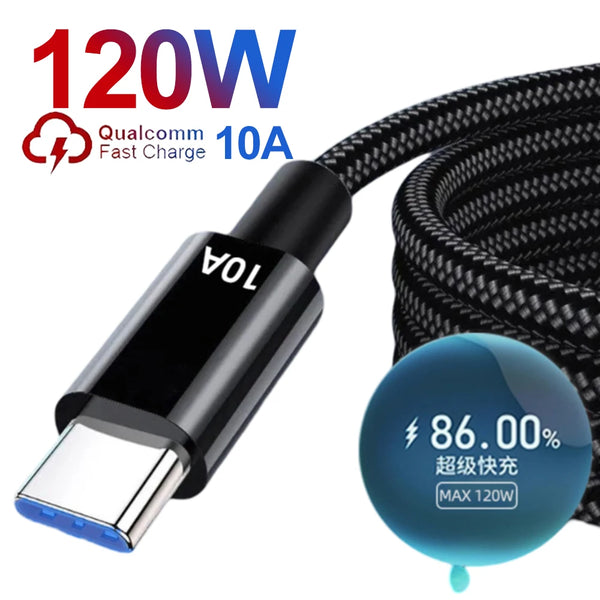 120W 10A Super Fast Charging Type C Data Cables Sturdy Nylon Braid USB C Mobile Phone Wire Cord for Samsung S24 S23 Xiaomi