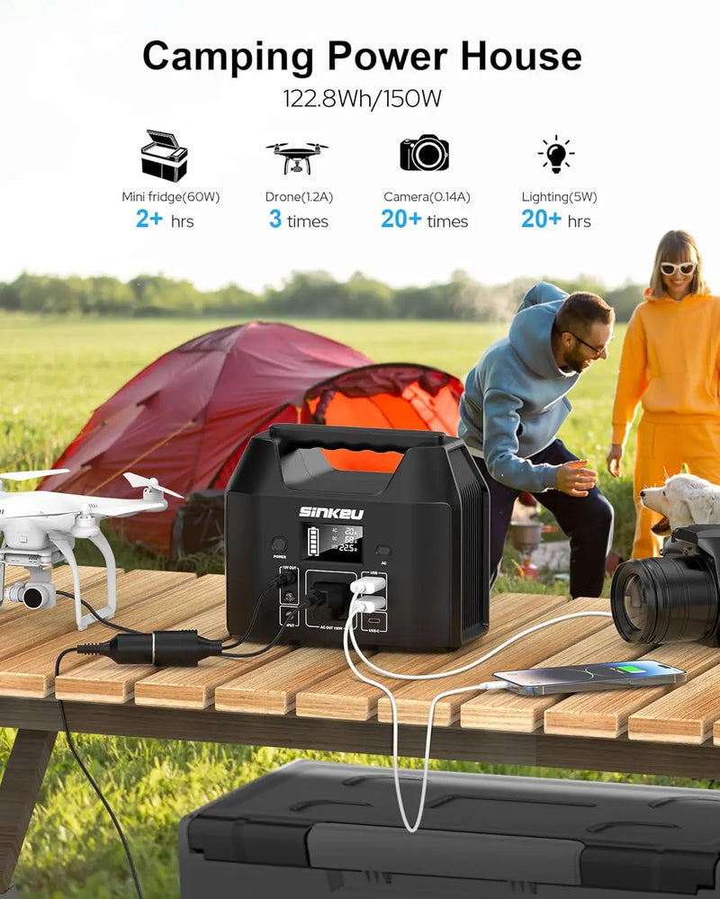 SinKeu E150 Portable-Power-Station 150W 122.8 Watt Hours LiFePO4 Battery Power Bank Camping Solar Generator with 110V AC