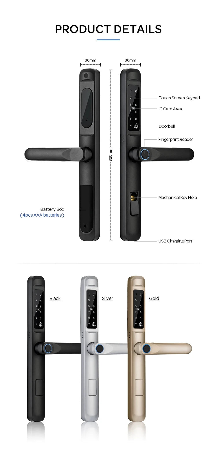 Tuya WiFi App Waterproof Smart Door Lock Aluminum Biometric lock Fingerprint door handle Digital Keyless lock for Glass Sliding