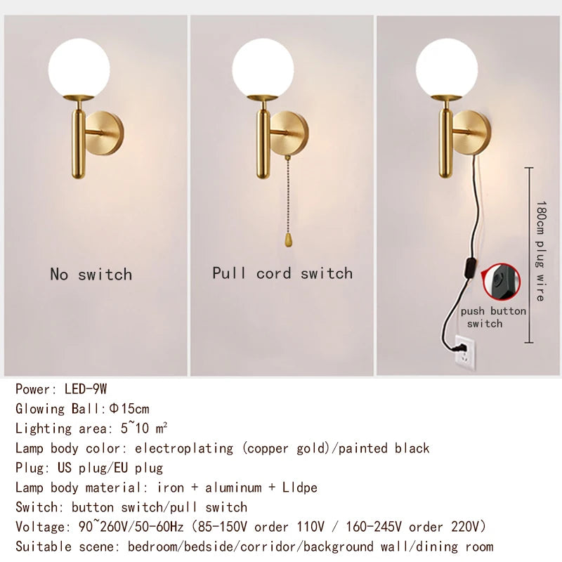 Modern Indoor Wall Light Glass Luminous Ball With Plug Switch LED Wall Lamps Suitable For Bedroom Bedside Living Room Home Decor