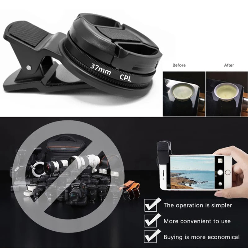 Universal Portable Professional Phone Polarizer Wide Angle Lens With Clip 37/52MM CPL Filter Circular Camera Black Accessories