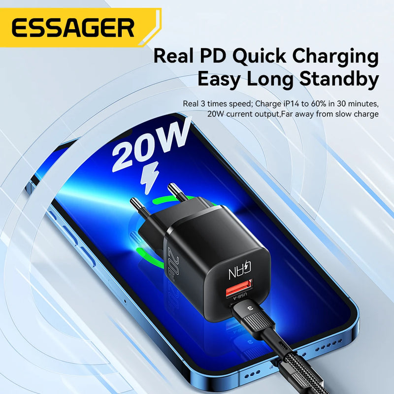 Essager 0W GaN USB C Charger QC 3.0 PD Fast Type C Charger For iPhone 15 14 13 Pro Max Xiaomi Samsung Type C Mini Phone Charger