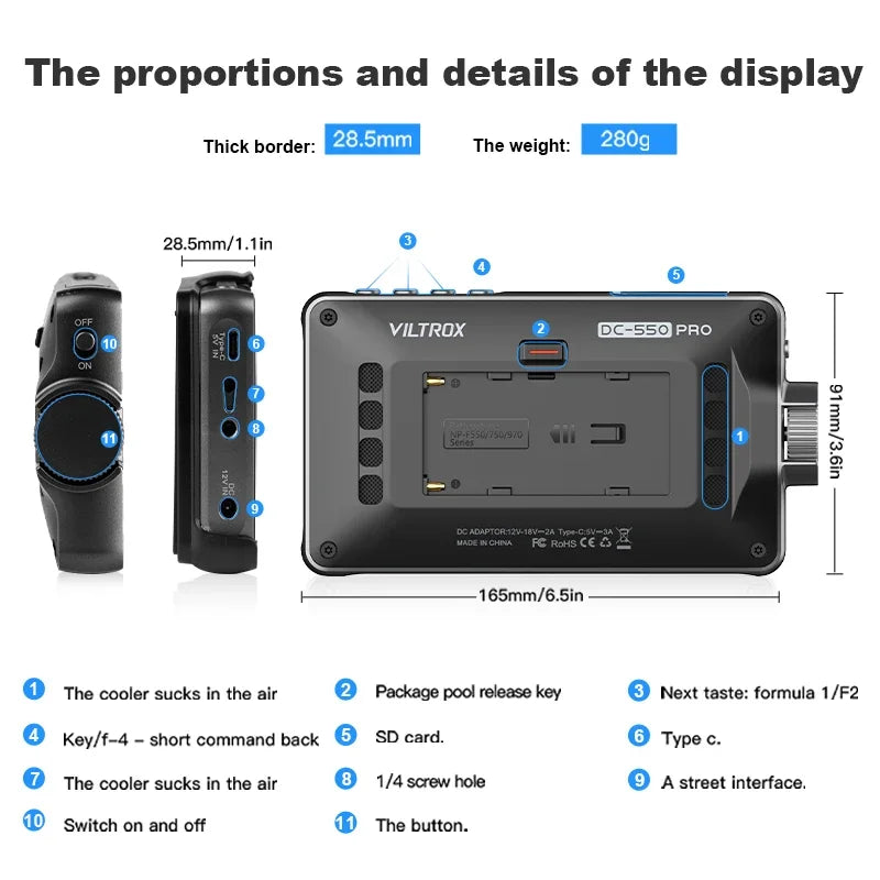 Viltrox DC 550 Pro Portable Monitor 5.5 Inch 4K 30HZ HDMI 1.4 Interface Camera Monitor with NP550 Battery for Outdoor Shooting