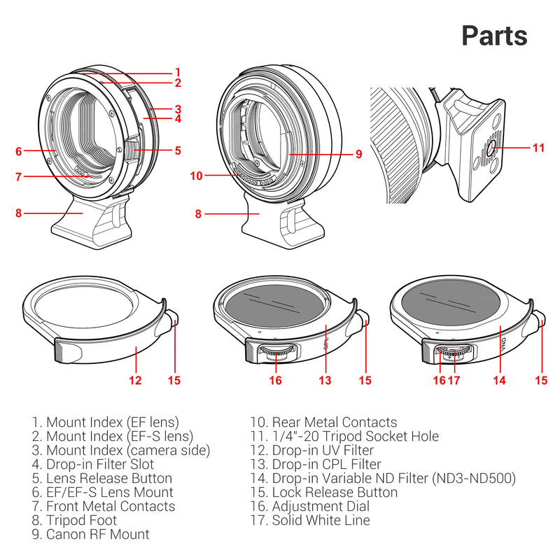 JJC EF-EOS R Mount Adapter Ring UV/CPL/ND Drop-In Filter for Canon EF/EF-S lens to RF Camera Body for Canon R8 R50 R5 R6 R7 R10