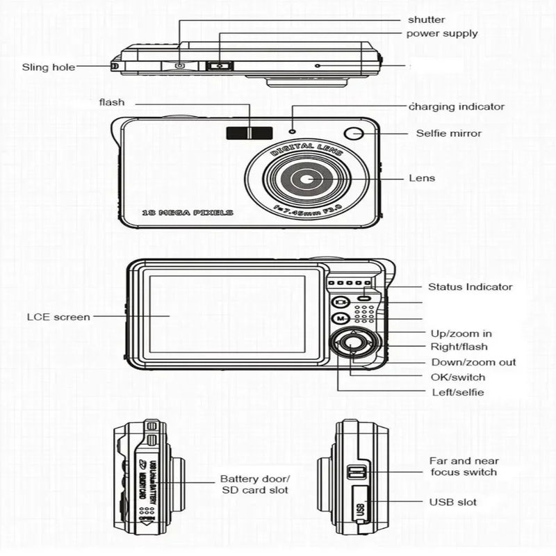 18 Mega Pixels LCD Rechargeable HD Digital Camera CCD Video Camera Outdoor Anti-Shake Support Sd Card Camcorder Photography