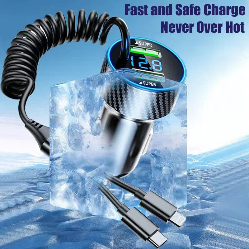 USB Car Phone Charger Adapter with Retractable Cable LED Voltage Monitor 4 in 1 Super Fast Charge for iPhone Samsung Huawei