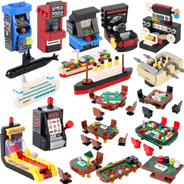 MOC Game Serie Building Blocks Racing Console Poker Board Game Mahjong Machine Yacht Submarine Steamship Sea Scene DIY Brick Toy