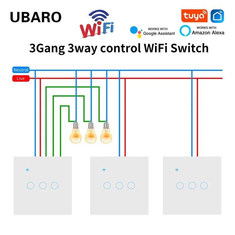 UBARO EU Standard 2 Way Wifi Smart Wall Switch Multi Control Voice Timer Sharing Function Works With Tuya App Home Improvemet