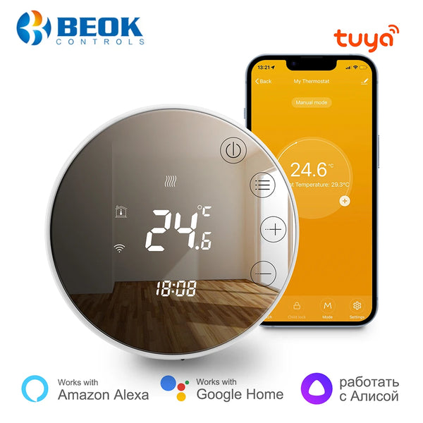 Beok Smart Home Thermostat Tuya WIFI Warm Floor Heating Gas Boiler with Alexa Yandex Alice Temperature Controlle Round Mirror