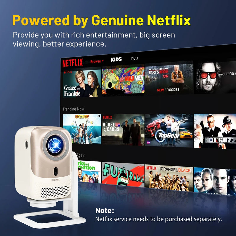 KINHANK 4K Portable Outdoor Movie Projector Auto Focus Native 1080P 450 ANSI Wifi 6 Android OS with Netflix Smart Home Projector