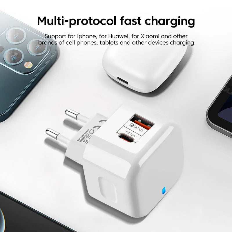 PD20W USB Charger Fast Charge QC 3.0 Wall Charger For iPhone 14 13 Samsung Xiaomi Mobile 2 Ports EU US UK Plug Adapter Travel