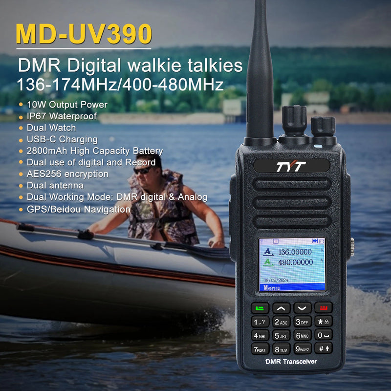 TYT MD-UV390 10W GPS IP67 Wateroof Record VHF UHF Dual Band AES256 Encryption DMR Walkie Talkie with USB-C 2800mAh Battery