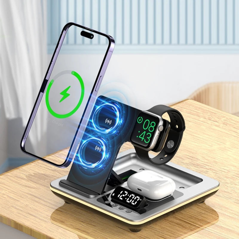 5 in 1 Alarm Clock Wireless Fast Charger Station For iPhone 15 14 13 12 Protable Travel Charging Dock For Apple Watch Airpods