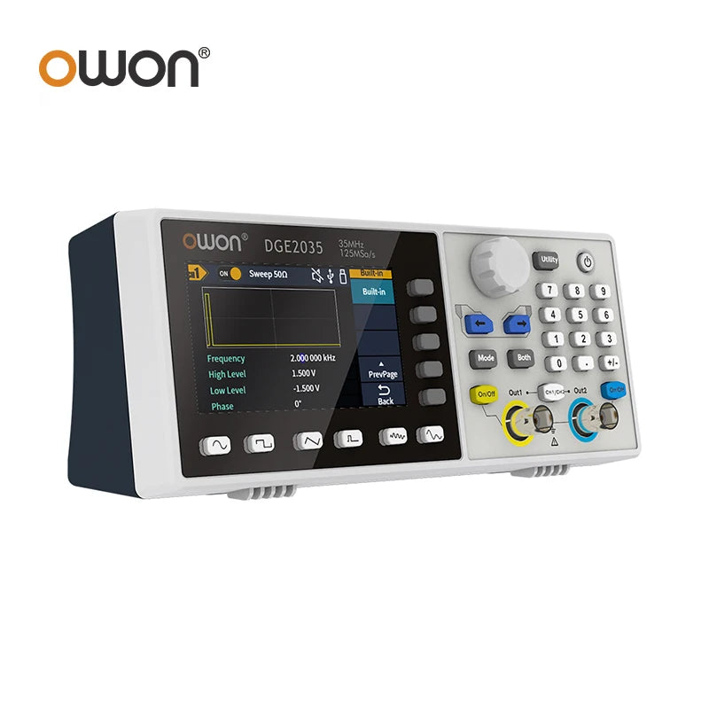 OWON DGE2035 DGE2070 Waveform Signal Generator 70MHz 300MS/s 2CH 14bits 8k 3.6inch Multiple Waveform Output Modulation Functions