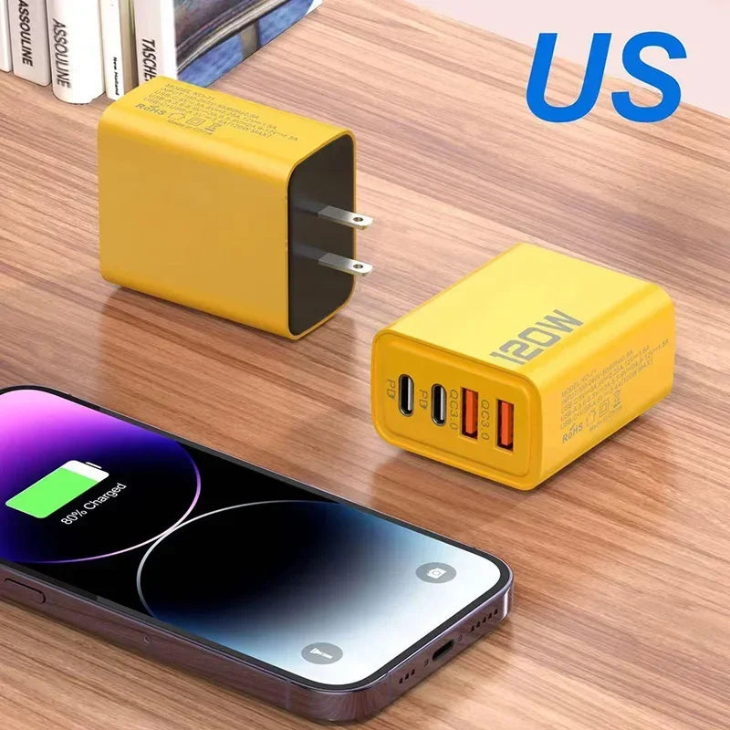 120W QC 3.0 Type C USB Charger PD Fast Charge For iPhone 12 13 Samsung S21 Xiaomi Huawei Mobile Phone EU/US Plug Wall Charger