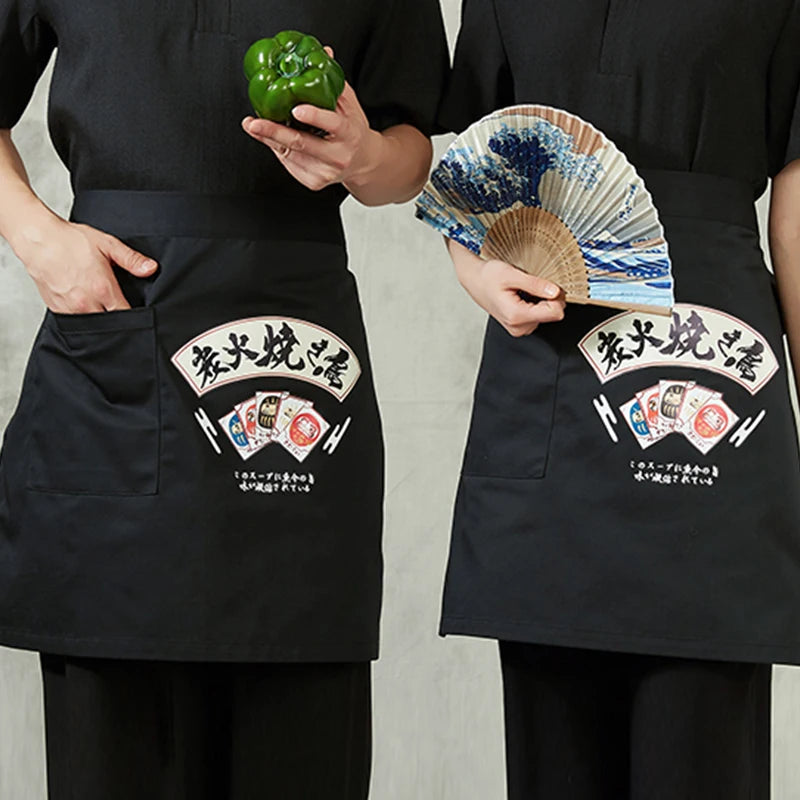 Japanese Cuisine Restaurant Sushi Shop Apron Korean Ramen Barbecue Short Apron Koi Lucky Cat Printed Chef Work Uniform Apron