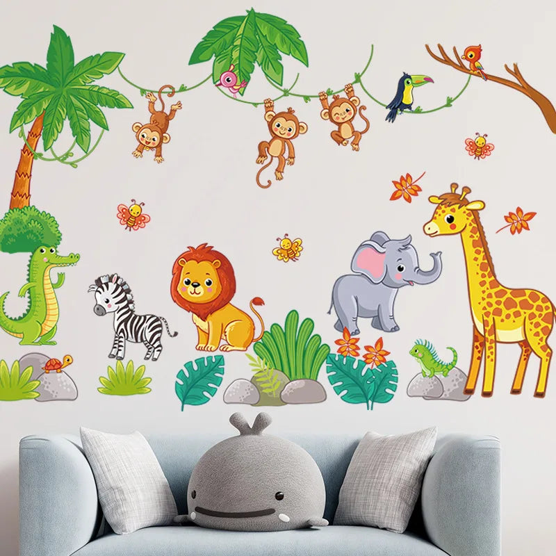 Jungle Animals Wall Stickers for Children Kids Rooms Boys Room Bedroom Decoration Large Safari Elephant Giraffe Zebra Wallpaper