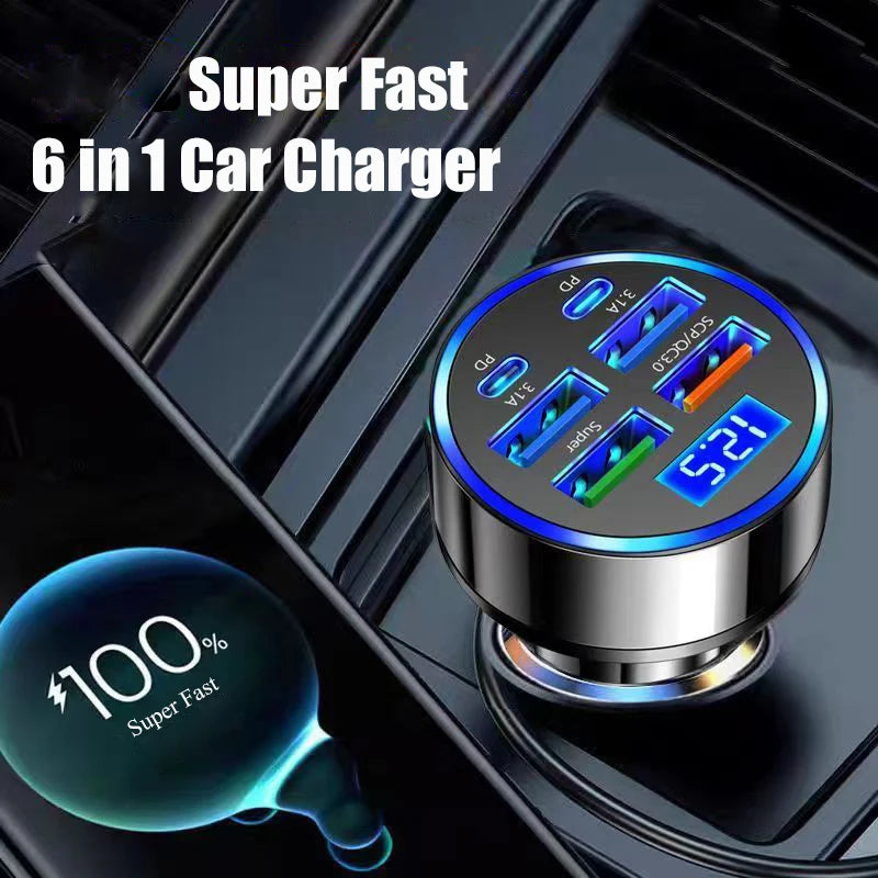 UYUXIO 6 in 1 USB C Car Phone Charger Adapter with Voltage Display Super Fast Charge in Car for iPhone 16 15 Pro Max Samsung